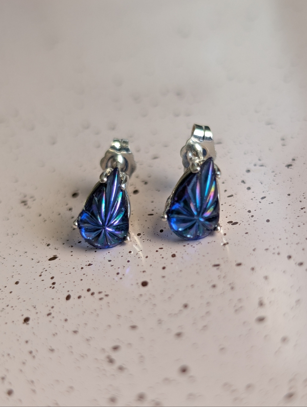Vintage Glass Sterling Silver Blue Teardrop Stud Earrings